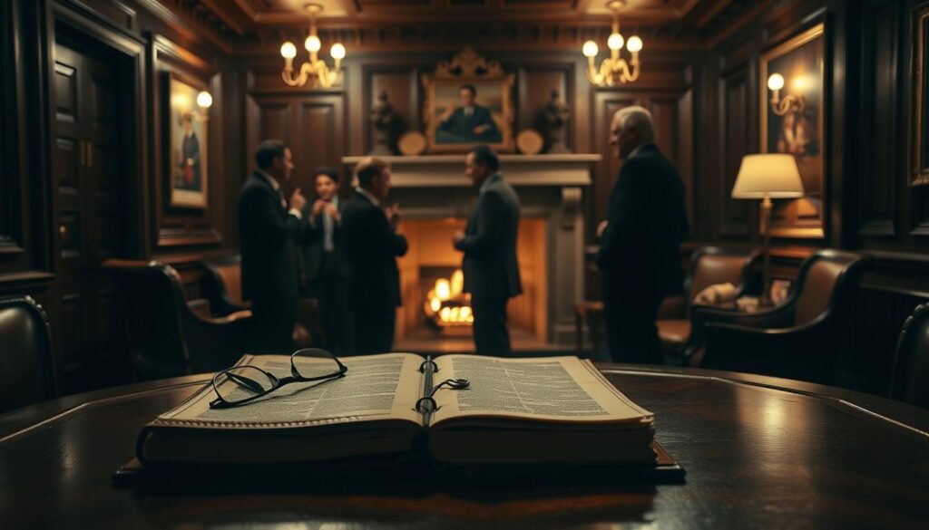 A dimly lit interior of a prestigious private club, the walls adorned with oak paneling and antique decor. In the foreground, a polished mahogany table holds a leather-bound ledger and a pair of reading glasses, symbolizing the meticulous record-keeping and data analysis required to measure membership growth. The middle ground features a group of well-dressed club members engaged in lively conversation, their expressions conveying a sense of exclusivity and camaraderie. The background showcases a fireplace with a roaring fire, casting a warm, inviting glow throughout the space. The lighting is soft and moody, creating an atmosphere of refinement and sophistication. A sense of tradition and exclusivity permeates the scene, reflecting the club's commitment to maintaining and growing its membership.