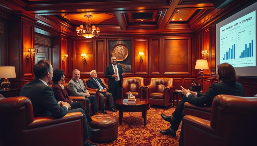A luxurious private club lounge with rich mahogany furnishings and plush leather armchairs. Warm, ambient lighting casts a cozy glow over a group of well-dressed individuals engaged in lively conversation. In the foreground, a financial advisor presents membership growth strategies to attentive club members, gesturing towards a projection screen displaying relevant data and charts. The scene conveys an atmosphere of exclusivity, sophistication, and sound financial planning for the club's sustainable future.