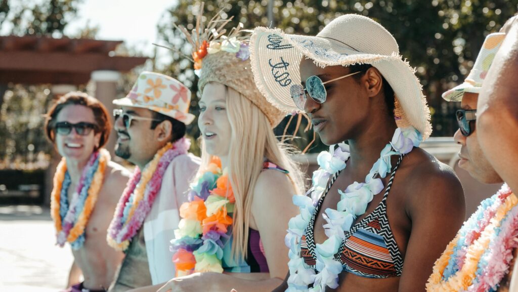 Colorful beach party with festive attire