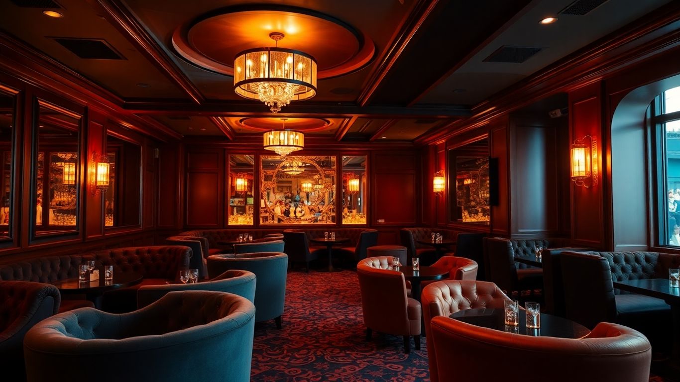 Luxurious private club interior with elegant seating and lighting.