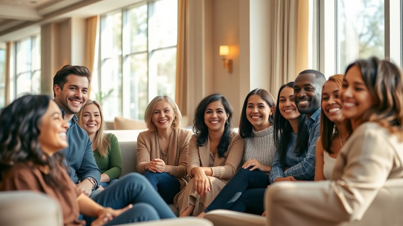 Diverse people socializing in a welcoming club lounge.
