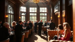 Elegant members socializing in a luxurious private club setting.