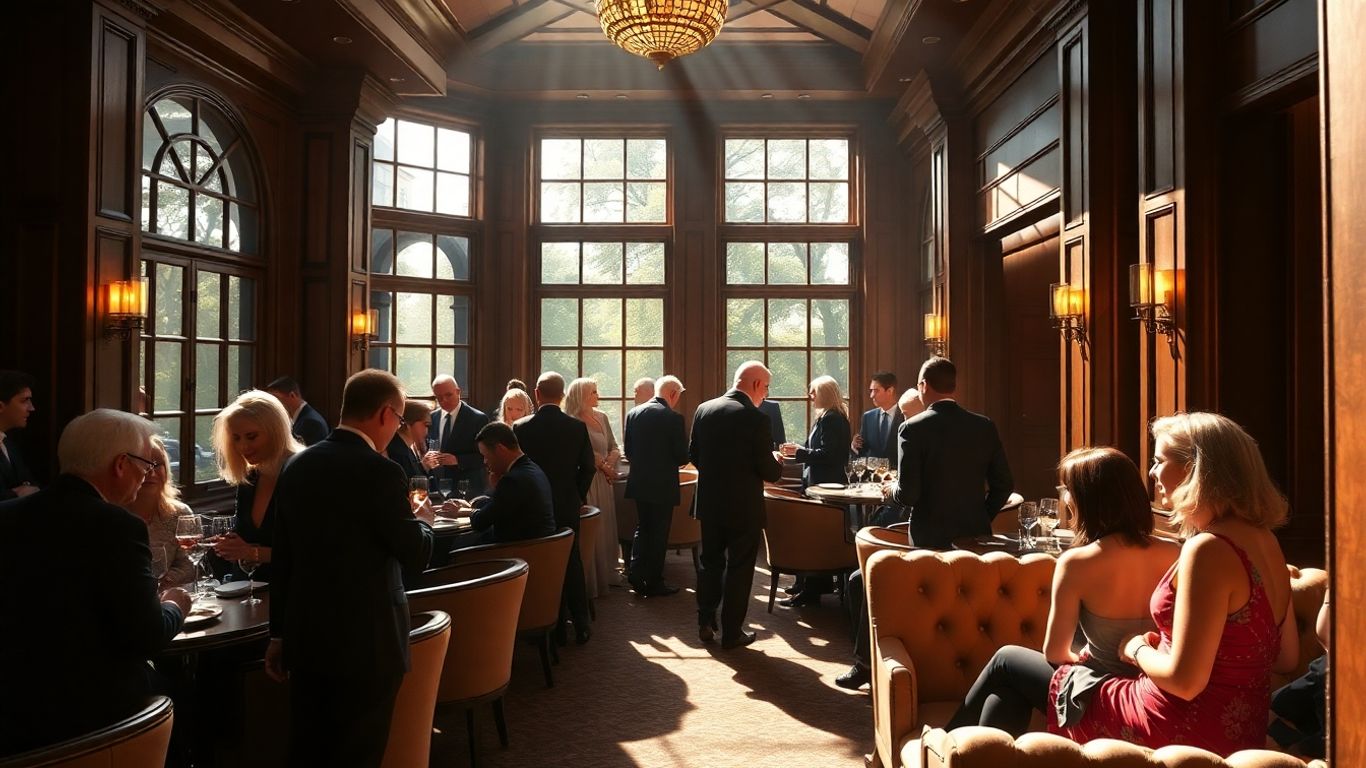 Elegant members socializing in a luxurious private club setting.