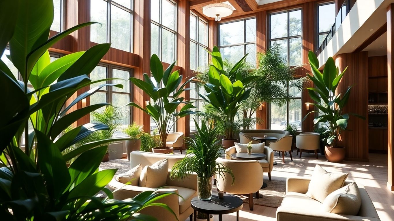 Sustainable social club interior with plants and natural light.